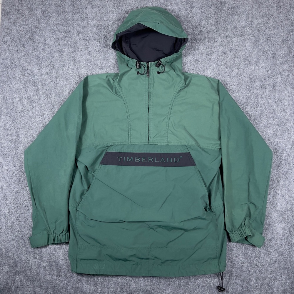 Vtg Timberland Anorak Jacket Mens XS Green Half Zip Hooded Windbreaker Pullover